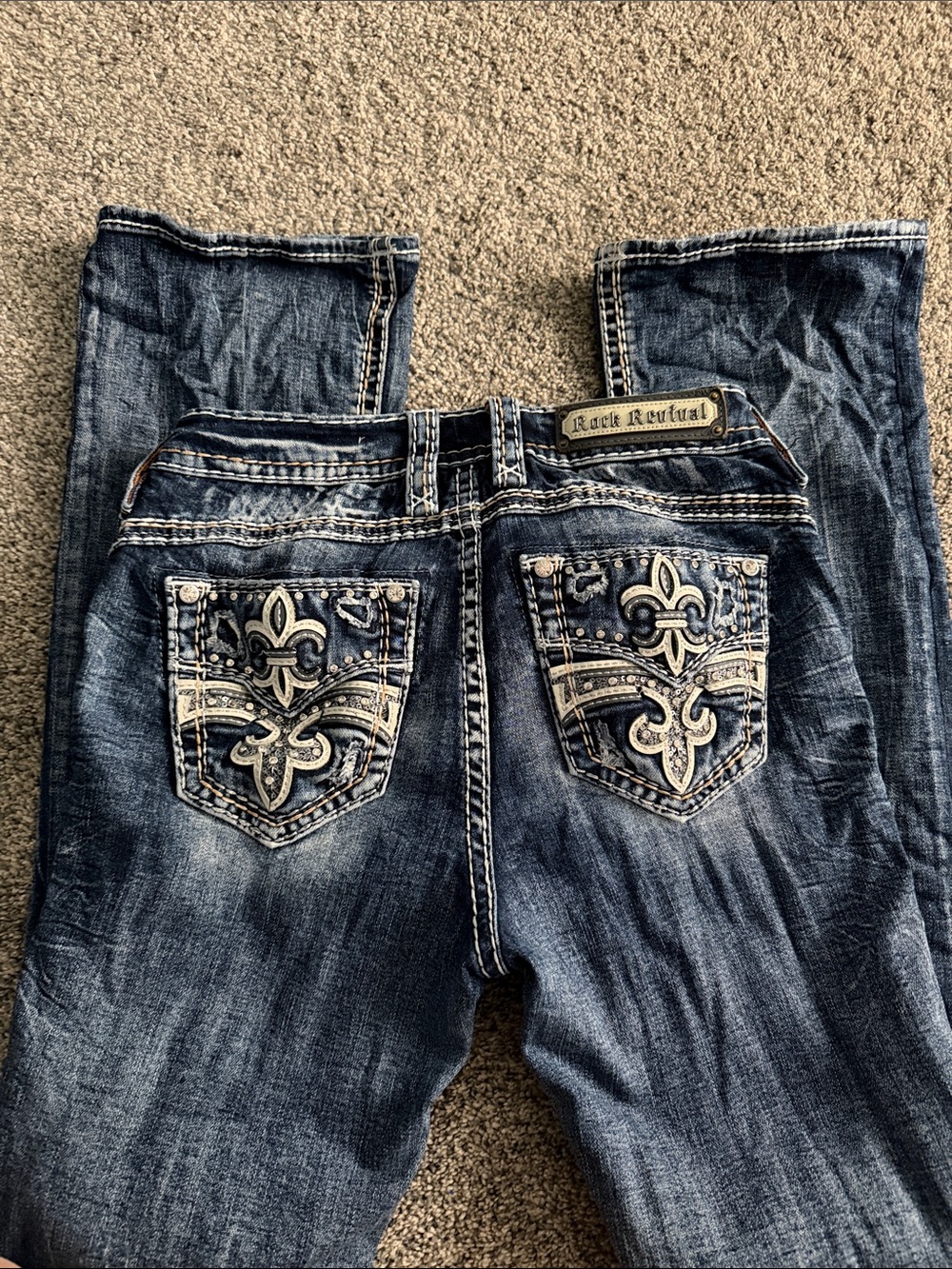 Rock Revival Women's Dark Blue Embroidered Fleur-de-Lis Bootcut Jeans